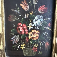 Spanish Hand Painted Still Life Gold Frame And Bamboo Stand