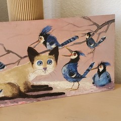 Harold Landaker Vintage „JAY WATCHERS“ Cat Blue BIrd Painting on Board