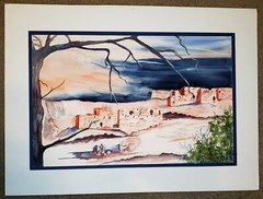 VEL ARGYLE (American, b. 1940) Taos Pueblo Crafting Vintage Watercolor Painting