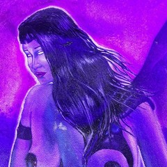 Purple cyborg pinup woman art trippy dreamworld space bikini uv glow goth portal