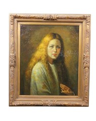 Vintage Oil on Linen Portrait Painting of Woman in Yellow Realism Signed 31″