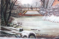 ANTIQUE FOLK ART OIL PAINTING VILLAGE BRIDGE RIVER SNOW WINTER LANDSCAPE PEOPLE
