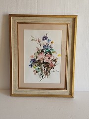 VTG Watercolor Painting Art Wild flowers 15×19″ Wood Frame Matted Signed Picture