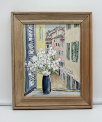 Oil Painting European Village Scene Spring 11.75”x9.75” Light Wood Frame Floral