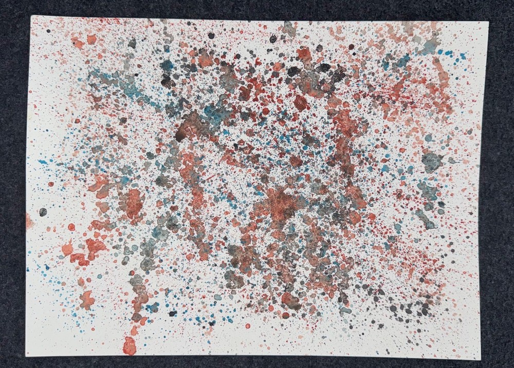 Red, Blue and Black Splatter art, watercolor. NEW, (8in by 11in) NO FRAME