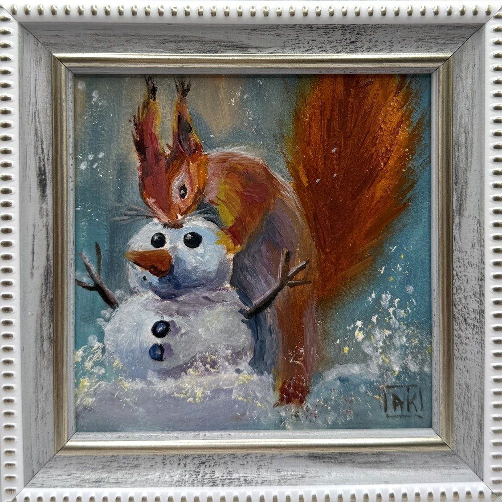 Original oil painting Snowman Naive art Signed Miniature Framed Size 4*4 inc