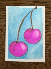 ACEO Original Colored Pencil And Watercolor Art Card Cherry 2.5 x 3.5 Signed