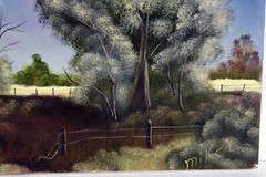 20″ Oil Painting Canvas Rustic Country Fence Panorama Blue Sky Lea Mikel #33