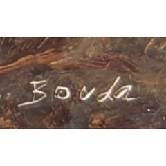 Pavel Bouda Surrealist Oil on Board Czech Landscape Painting Late 20th C Signed