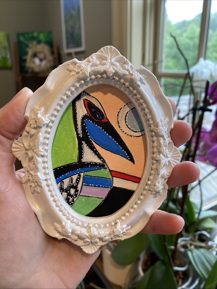 5/4 Abstract Bird,pelican,Painting On Paper,framed,cute,funny,miniature,folk Art