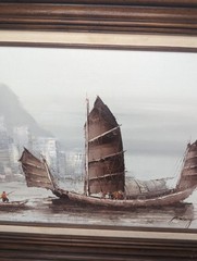 Signed Framed MCM „Junks at Sea“ Oil Painting by P. Wong, USA, c. 1970’s