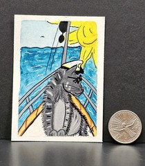 ACEO Original Art 2.5X3.5 Trading Card Actually, Cats Gray Tabby Boat Captain