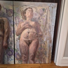 2 Original Contemporary Figurative Matching Oil Paintings Unsigned Nude Couple