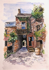 Сityscape Watercolor Original Painting European Architecture Old Town Artwork
