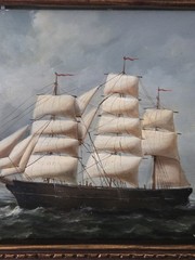 Vintage Painting Clipper Ship at Sea Wood Panel Nautical Maritime Sailing