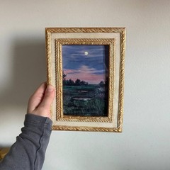 Miniature Moon Landscape Painting Original Night Vintage Ornate Frame Art Purple