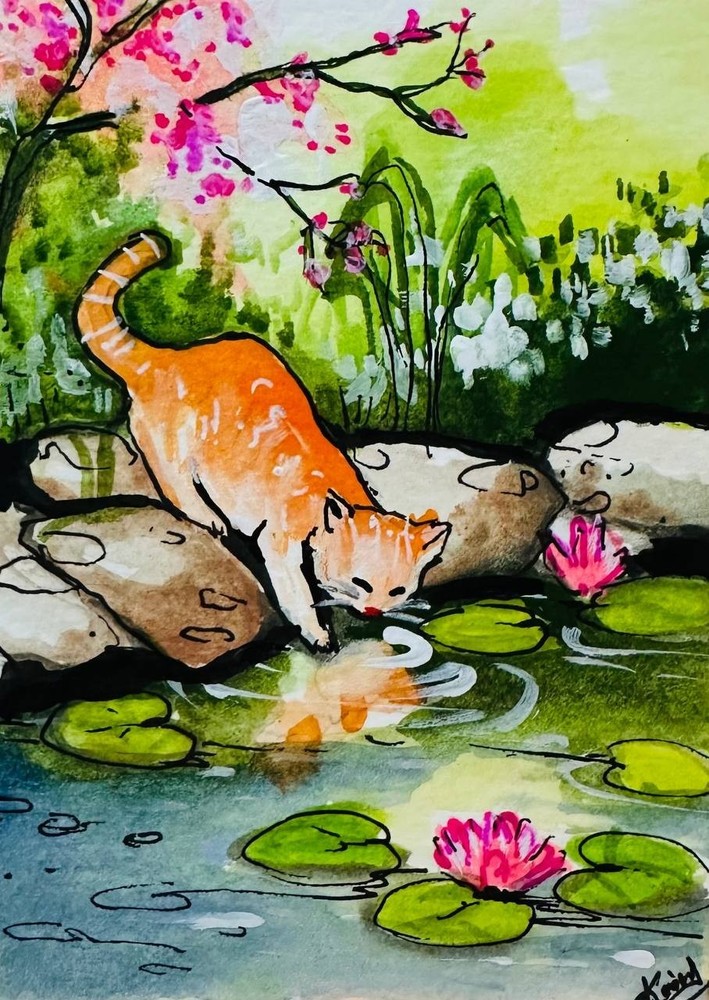 Cat Lotus Pond ACEO Original Watercolor Painting Nature Garden Landscape Art