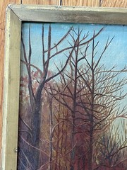 Antique Oil Painting Peasant Woman with Basket Pink Dress Foraging in the Woods