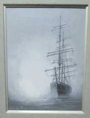 FREDERICK FIELDS CLIPPER SHIP IN THE FOG ORIGINAL OIL CANVAS SEASCAPE PAINTING