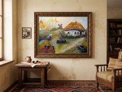art 811 original painting oil on canvas Rustic Village Scene Landscape 24×32 in