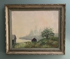 Vintage Rural Farm Landscape Misty Bay Oil Painting 24″ x 20″