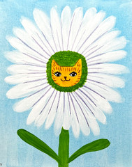 Daisy Cat Flower Original Acrylic Painting Whimsical Cat Art 8×10 Sienna Gold