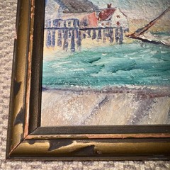 Antique Oil on Board Painting – New England Maritime Shore Fisherman on Dock
