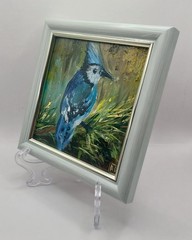 Blue Jay Original Oil Painting Bird Framed Miniature Wall Art Wildlife Nature