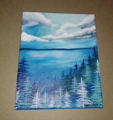 Blue Pine Trees Lake Landscape Oil Painting On Canvas Wood Backing Signed