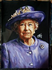 portrait of Queen Elizabeth II, paper, acrylic, handmade