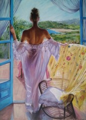 Romantic Woman by the Window Large Morning Oil Painting on Canvas 19.7×27.5 in