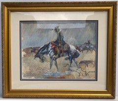 Original Signed Western Watercolor – „Rainy Cattle Drive“ by Mitchell, 1974