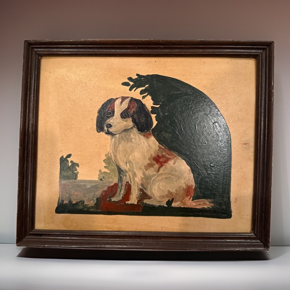 Vintage Folk Art Cavalier King Charles Spaniel Dog Portrait Oil Painting Framed