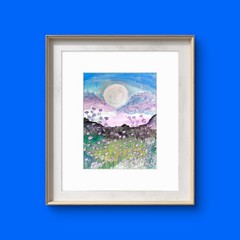 Full Moon Over Mountains And Meadows Imxpressionist Original Watercolor 9×12