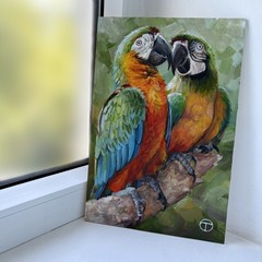 Parrots Original Acrylic Painting Birds Portrait Animals 12×8 inches Ⓣ