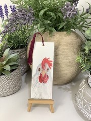 Bookmark laminated Original a Handpainted Chicken 6cm X 16cm & Burgundy Tassel