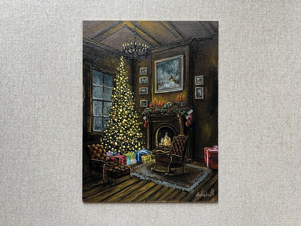 Cozy Christmas Fireplace Oil Painting, Glowing Christmas Tree, Holiday Artwork