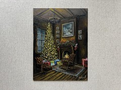Cozy Christmas Fireplace Oil Painting, Glowing Christmas Tree, Holiday Artwork