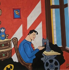 SUPERMAN (Gig Worker) Cuban Pop Art Painting Shows Superhero Sewing BATMAN Cape