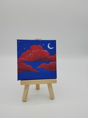 3x3in Hand Painted Pink Clouds In Night Sky with Easel Acrylic Painting Canvas