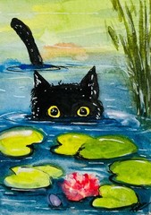 Black Cat Water Lily Pond Original Watercolor Painting ACEO OOAK Whimsical Art