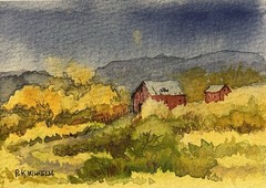 Pamela Wilhelm Set Of FOUR Original Landscape Watercolors 2.75”x4” Winter Summer