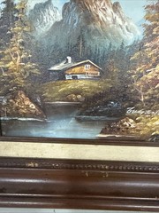 Vintage Mountain Oil Painting On Canvas Artist Signed Eugene Wood Cabin River