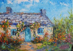Original English Cottage Oil Painting Cotswolds Garden 8×12″ Blue Door Impasto