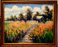 Large Oil Painting Landscape Cabin Flowers Trees Clouds Path Framed by Donalee