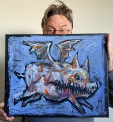 Flying Pig Painting Expressionist Folk Art Thayer OOAK Large Signed Canvas