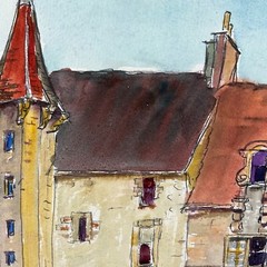 Vintage Framed Original Watercolor „View of Castle Manor“ By Charles Enders