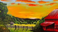 Large Original Canvas Red Barn Farmhouse Wall Art Rustic Country Landscape Sunse