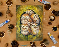 Original Cute Owlets Oil Painting, Small Birds Portrait Animals Impasto Wall Art