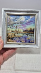 Spring forest, river, original oil painting in a frame. Landscape. 4×4 inches.